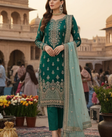 Emerald Radiance – Premium Embroidered Silk 3 Piece Un-Stitched Suit